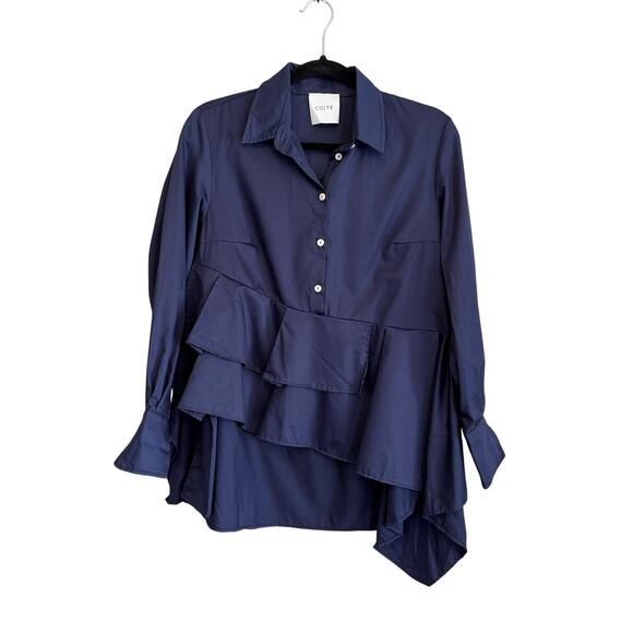 CO TE Asymmetric Button Up Shirt Womens 42 US M/L Blue Ruffle Office Work Italy - Picture 1 of 10